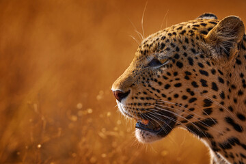 Leopard golden grass sunset, Savuti, Chobe NP, in Botswana, Africa. Big spotted cat in the wild nature. Wildlife Botswana. - obrazy, fototapety, plakaty