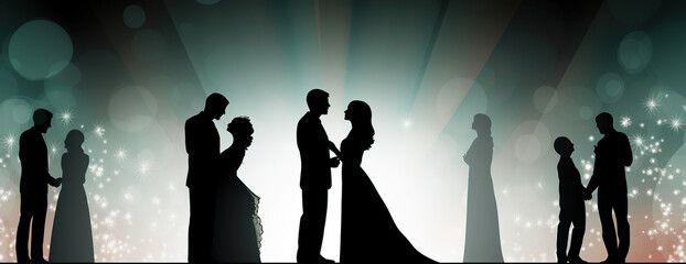  This AI-generated image features silhouetted couples in various poses against a backdrop of spotlights and bokeh effects, evoking a romantic and elegant atmosphere.