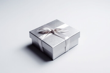 Luxury gift box with silver ribbon isolated on light grey background. AI generative