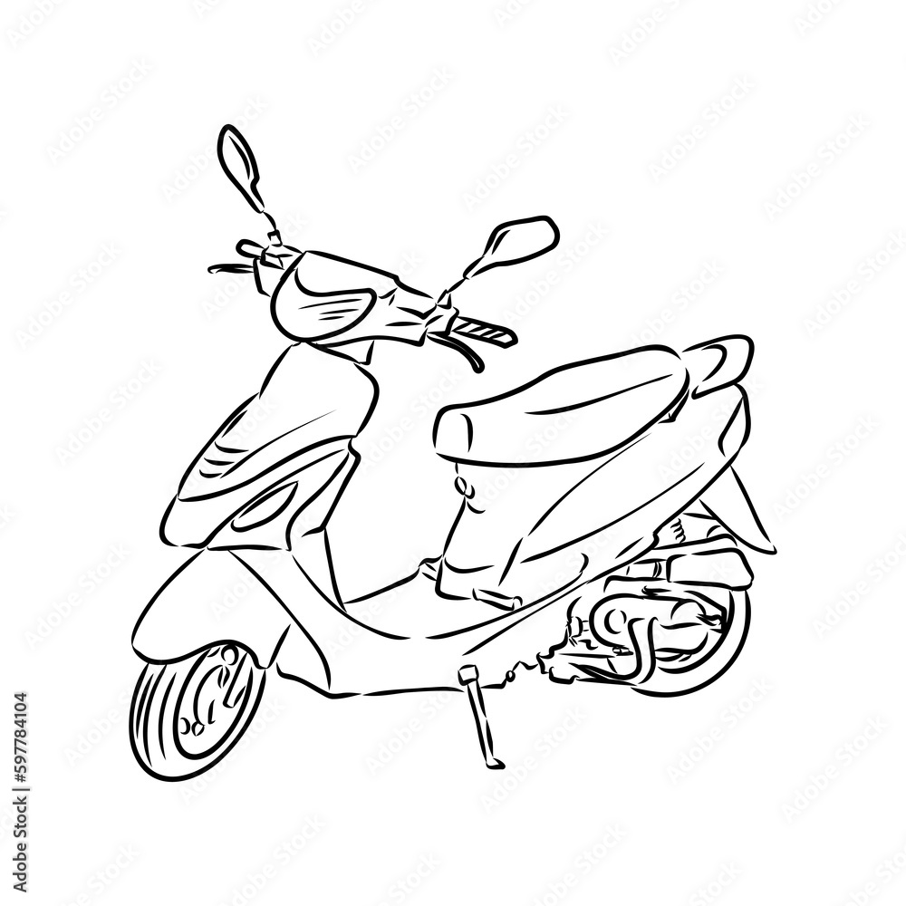 Wall mural retro scooter hand drawn ink line art, moped vector illustration isolated on white