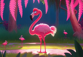 Abstract Cartoon Flamingo In Mystical Forested Area Background Generative AI