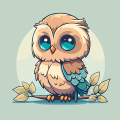 Cute Little Owl Owlet in a Fairy Forest. Flat Cartoon Vector Illustration for Children