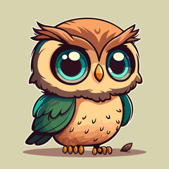 Cute Little Owl Owlet in a Fairy Forest. Flat Cartoon Vector Illustration for Children
