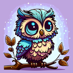 Cute Little Owl Owlet in a Fairy Forest. Flat Cartoon Vector Illustration for Children