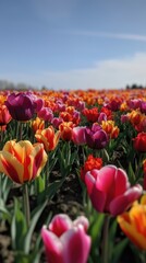 Colorful open field with beautiful tulips. Generative AI