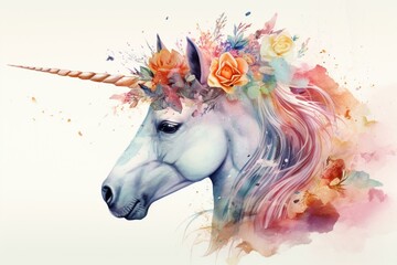 Naklejka na ściany i meble Whimsical unicorn watercolor illustration with floral and feather elements perfect for invitations. Generative AI