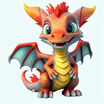 fantasy dragon, cute 3d cartoon dragon isolated on flat background, Generative AI	
