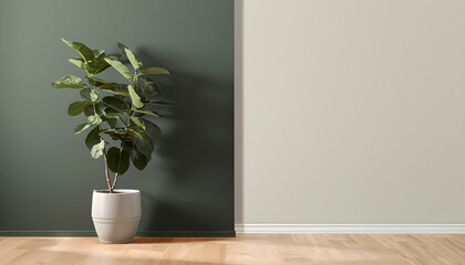 design of a room, blank sage green wall with tropical fiddle leaf fig tree in gray round ceramic pot on brown parquet floor in sunlight for interior design, decoration, Clean, Ai Generate 