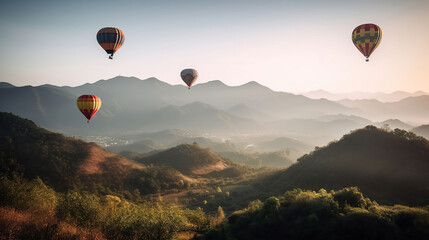 Colorful hot air balloons flying over mountain beautiful sky background, generative ai
