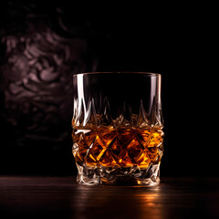 Glass of whisky with ice with smoke on background created with Generative AI technology.