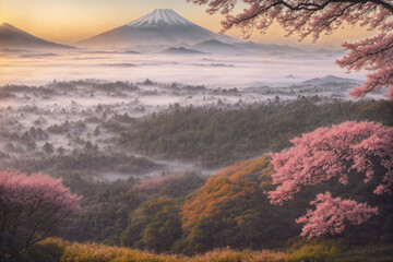 Sakura blossoms in japanese style ornamental garden, beautiful landscape. Generative AI.