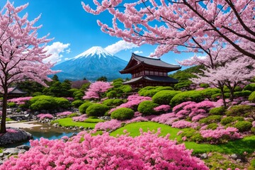 Fototapeta premium Sakura blossoms in japanese style ornamental garden, beautiful landscape. Generative AI.