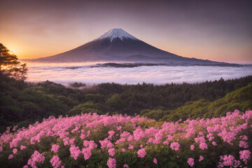 Sakura blossoms in japanese style ornamental garden, beautiful landscape. Generative AI.