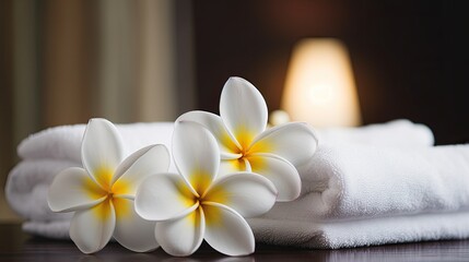 spa composition  with White Towels, plumeria frangipani flower ,Generative AI	
