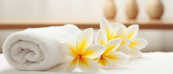 Obraz na płótnie Canvas spa composition with White Towels, plumeria frangipani flower ,Generative AI 