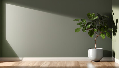 decoration, appliance, Clean, blank sage green wall with tropical fiddle leaf fig tree in gray round ceramic pot on brown parquet floor in sunlight for interior, Ai generated 
