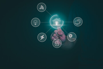 Man using a smartphone, controlling an intelligent home automation system Futuristic interface on a virtual screen Automation technology of things, concept Data connection with technology internet.