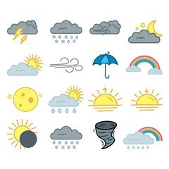 16 Color Weather Icons. Vector Illustrations Sun, Clouds, Month, Eclipse, Rain Cloud, Rainbow, Tornado, Umbrella, Snow Cloud