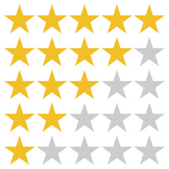 Golden star rating system, visual representation of using yellow filled and grey color as unfilled stars to indicate a feedback score.