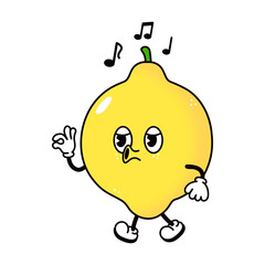 Cute funny Lemon walking singing character. Vector hand drawn traditional cartoon vintage retro, kawaii character illustration icon. Isolated white background. Lemon walk sing character