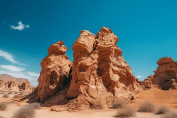 Fototapeta na wymiar Sunny desert rock formations painting against blue sky. Generative AI