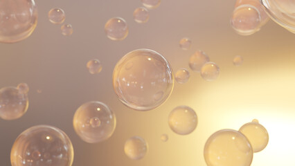 3D rendering Cosmetics Serum bubbles on defocus background. Miracle bubble design for cosmetics. Transparent balls, holographic liquid blobs floating in space, and artistic bubbles.