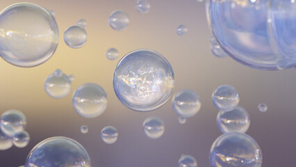 3D rendering Cosmetics Blue Serum bubbles on defocus background. Collagen bubbles Design. Moisturizing Essentials and Serum Concept. Vitamin for health care and beauty concept. 