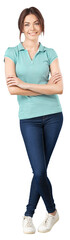 Happy Young Woman Leaning Against  full length in shirt