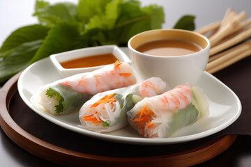 Goi Cuon, AI generative Vietnamese fresh spring rolls filled with shrimp, pork, rice noodles, and vegetables, served with a peanut dipping sauce