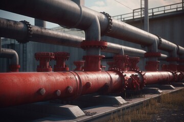 Steel gas pipeline on concrete supports with red valves and connects to a compressor station. 3D rendering. Generative AI