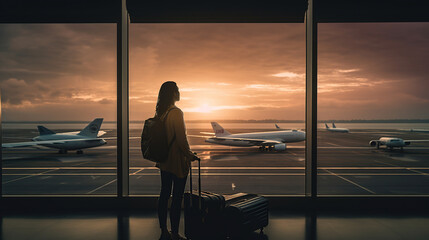 Travel tourist standing with luggage watching sunset at airport window. Unrecognizable woman looking at lounge looking at airplanes while waiting at boarding gate before departure. Generative ai - obrazy, fototapety, plakaty