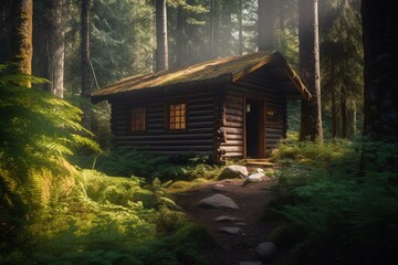 A comfortable wooden cabin nestled in a lush forest during the warm summer season. Generative AI