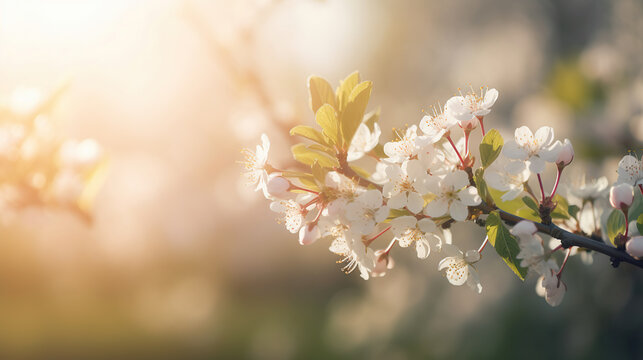Beautiful nature scene with blooming tree and sun flare. Sunny day. Spring flowers. Beautiful Orchard. Abstract blurred background, generative ai