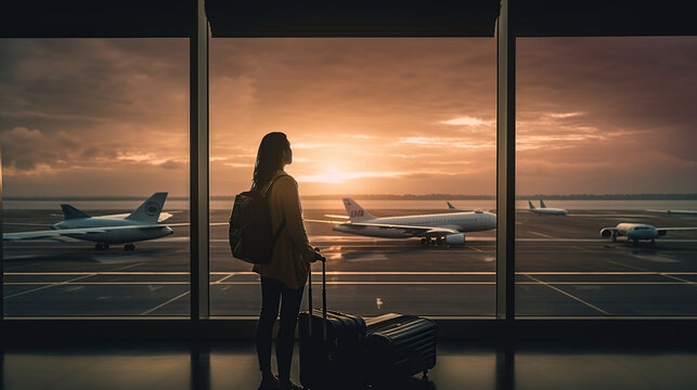 Travel tourist standing with luggage watching sunset at airport window. Unrecognizable woman looking at lounge looking at airplanes while waiting at boarding gate before departure. Generative ai