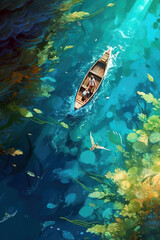 Fototapeta na wymiar Boat in beautiful bright river. Anime style. Digitally generated ai image