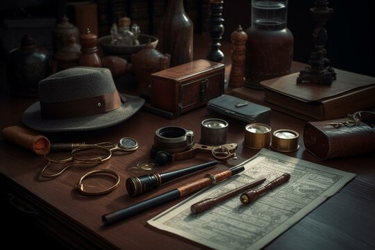 Sherlock Holmes inspired detective kit on wooden surface. Generative AI