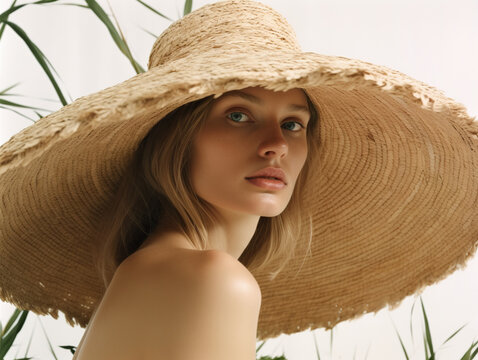 Beautiful young fresh woman wearing straw summer hat. AI generated image.
