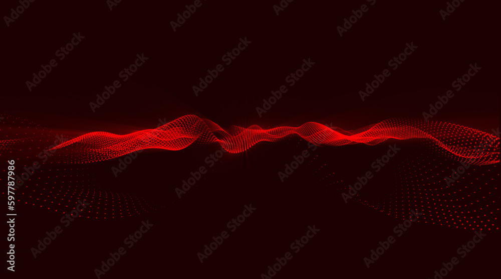 Aufkleber 3d rendering, Red abstract background with flowing particles. Beautiful wave shaped array of glowing dots. Abstract dark background with connecting dots and lines.