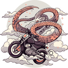 Vector motorcycle with wings and snake flying through the clouds