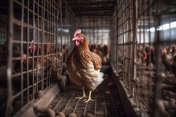 A chicken in a cramped cage in a commercial poultry farm