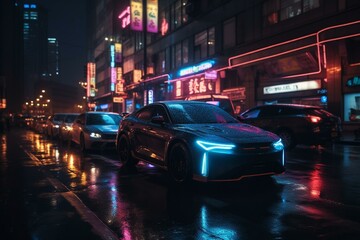 Fototapeta na wymiar A modern metropolis illuminated with neon lights and featuring sleek electric automobiles. Generative AI