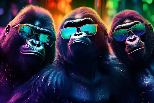 3 fr&ouml;hliche Gorrilas mit coolen Brillen in Partystimmung. Generative Ai. 