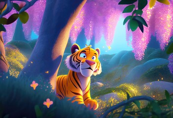 Obraz na płótnie Canvas Abstract Cartoon Tiger In Dreamy Forest Generative AI