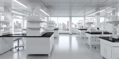 A scientific research lab with a lot of white cabinets and counters. AI generative laboratory interior