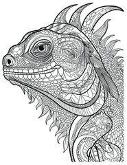 iguana lizard head, black white illustration, outline for coloring book page, AI generative coloring card