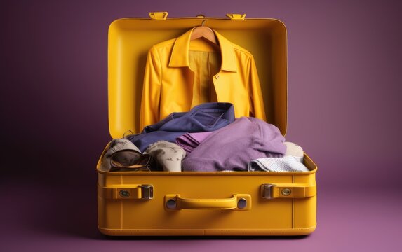 Yellow suitcase for travel with things on the background. Travel, summer vacation, vacation. Photography, AI