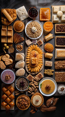 Turkish sweets, flat lay, top view assorted cookies and traditional desserts, AI generative overhead view of knolling arrangement