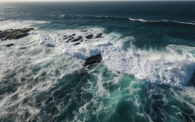 Fototapeta na wymiar Waves in the ocean, view from above, water splashes, wallpaper, photo, AI