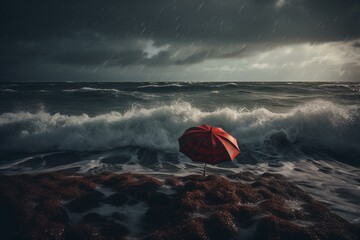 Red umbrella in a stormy ocean with heavy rain and dark clouds. Generative AI