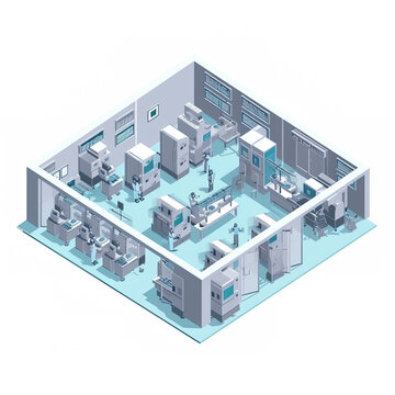 Pharma, pharmaceautical clean room, production line in controlled sterile conditions, AI generative industrial interior, isometric cartoon image